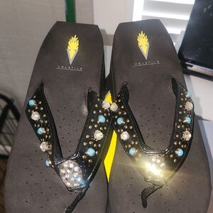Volatile Black Sandals with Gold and Turquoise Accents Size 10